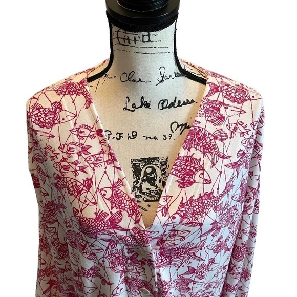 Key West Hand Print Fashions Cardigan Jacket White Pink XLarge Koi Fish Rare - Picture 2 of 10